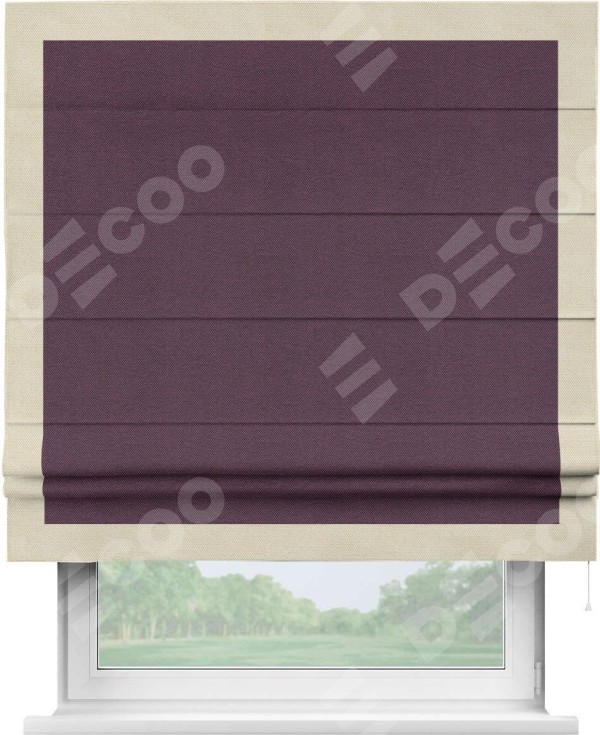 Римская штора «Кортин» с кантом Чесс, для проема, ткань лён димаут, фиолетовый