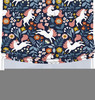 Римская штора «Кортин», день-ночь с мягкими складками, «Цветы и единороги»