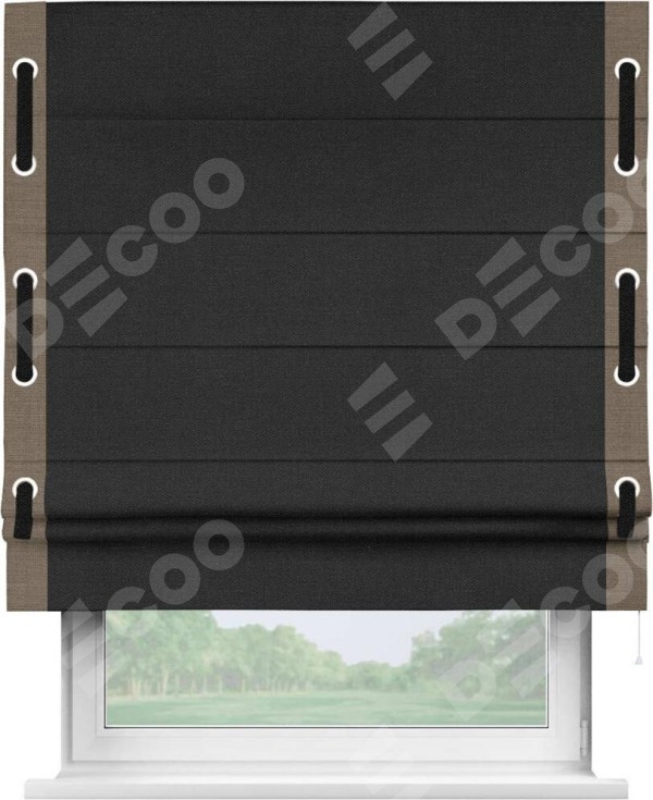 Римская штора «Кортин» с кантом Стрим Дуо (люверсы с пояском), для проема, ткань лён черный