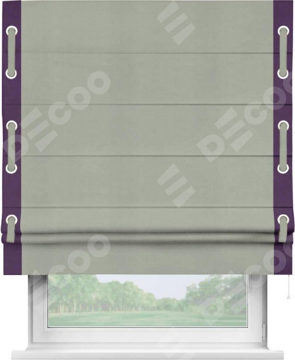 Римская штора «Кортин» с кантом Стрим Дуо (люверсы с пояском), для проема, ткань вельвет cветло-серый