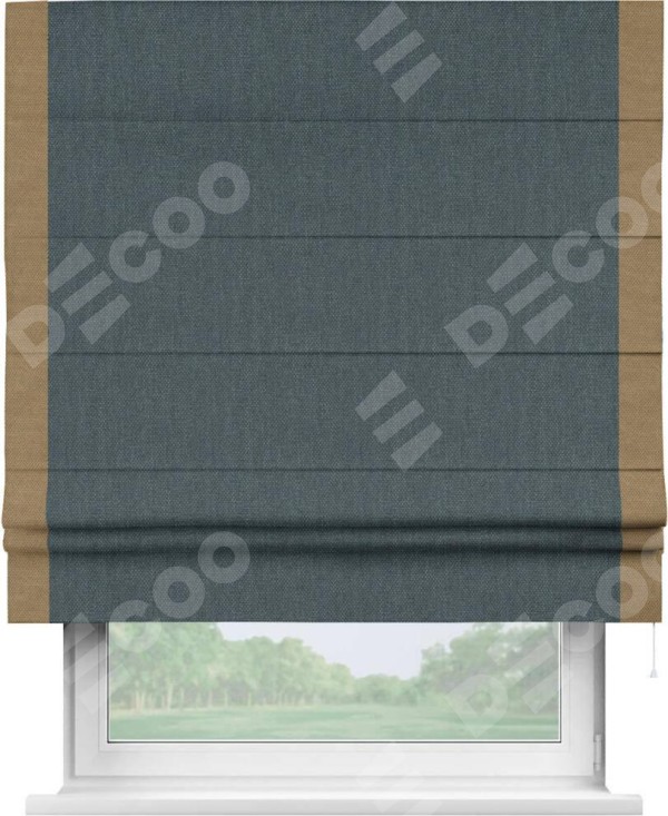 Римская штора «Кортин» с кантом Стрим Дуо, для проема, ткань лён димаут, серо-синий