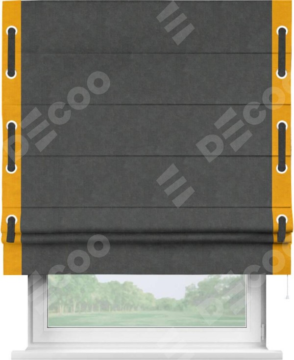 Римская штора «Кортин» с кантом Стрим Дуо (люверсы с пояском), для проема, ткань вельвет цвет тёмно-серый