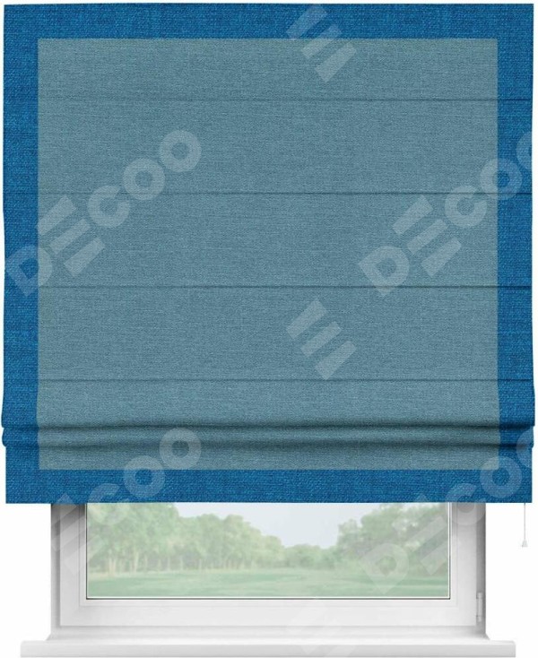 Римская штора «Кортин» с кантом Чесс, для проема, ткань лён голубой