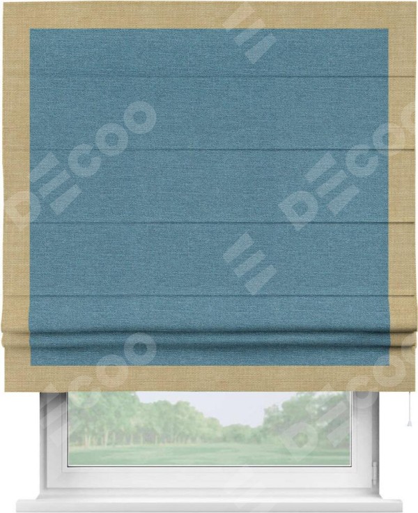 Римская штора «Кортин» с кантом Чесс, для проема, ткань лён голубой