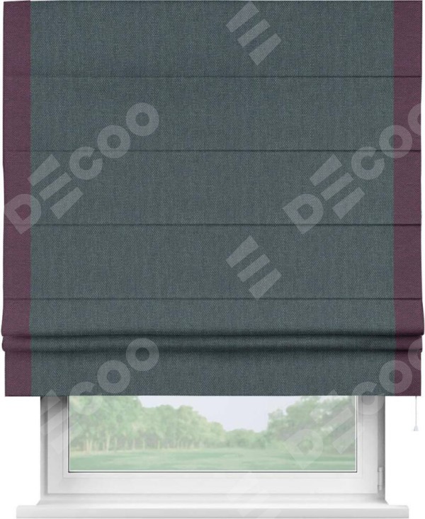 Римская штора «Кортин» с кантом Стрим Дуо, для проема, ткань лён димаут, серо-синий